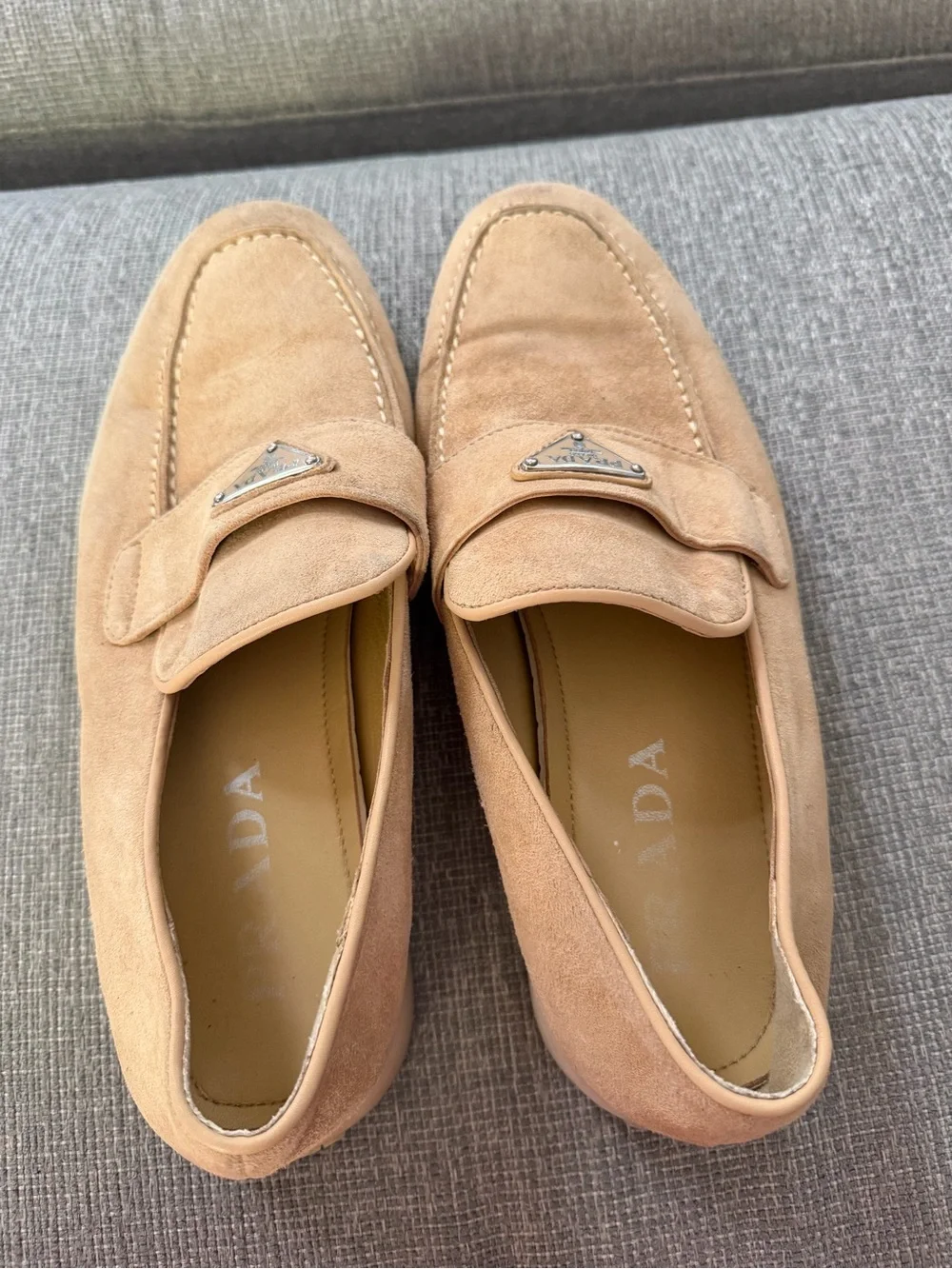 Prada Ecru Suede Loafers Metal Logo $1100